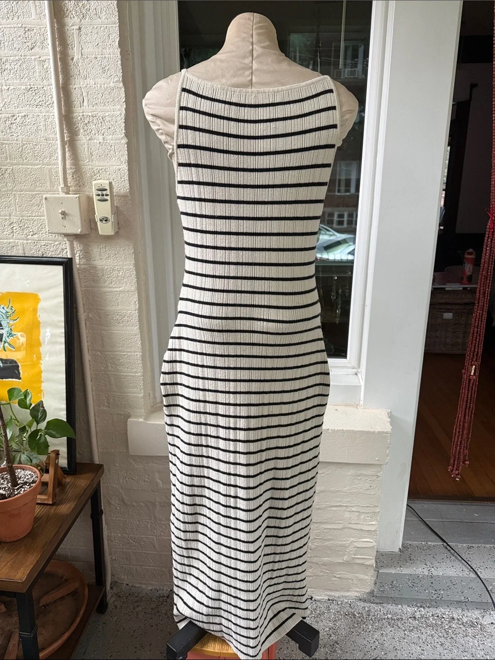 A&F Sleeveless Black & White Striped Rib Knit Maxi Dress
